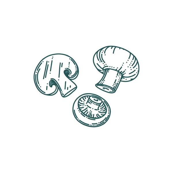 Cogumelos Champignon em estilo doodle. Floresta ou fazenda cogumelos fatiados e inteiros. Ilustração vetorial —  Vetores de Stock