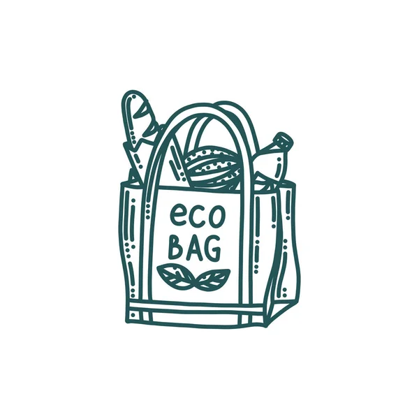 Bolso ecológico con productos de alimentación. Bolsa de supermercado con concepto de cero residuos de estilo de vida ecológico. Ilustración vectorial — Archivo Imágenes Vectoriales