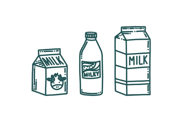 Süt paketleri karalama tarzında. Süt şişesi ve kutular beyaz arka planda izole edilmiş. Vektör illüstrasyonu — Stok Vektör