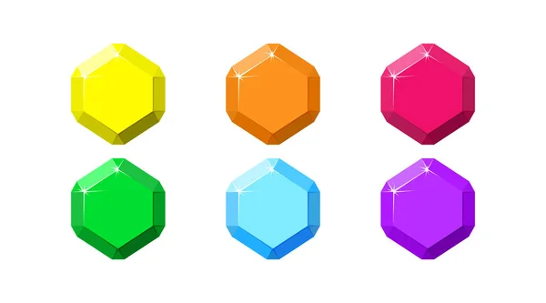 Pierres précieuses colorées hexagonales. Rubis, émeraude, améthyste, diamant et quartz vue de dessus. Illustration vectorielle — Image vectorielle
