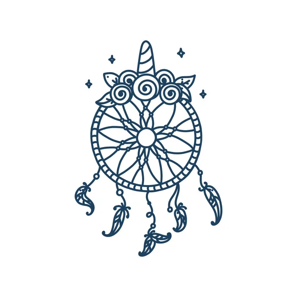 Dreamcatcher licorne avec des fleurs et des oreilles. Attrape-rêves girly corné avec une couronne de rose. Illustration vectorielle — Image vectorielle