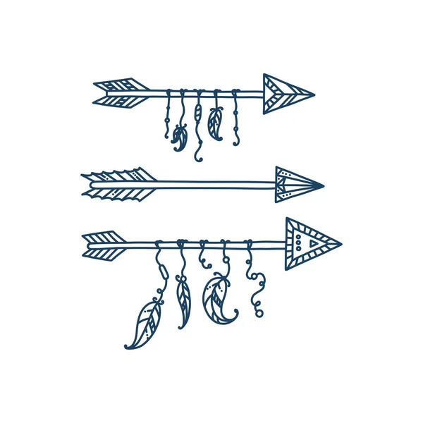 Flechas tribales con plumas. Ilustración de tiro con arco Boho. Flechas vectoriales — Vector de stock