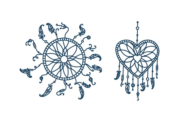 Dreamcatcher cercle et coeur avec des plumes. Ensemble de capteurs de rêves avec des plumes tribales. Illustration vectorielle — Image vectorielle