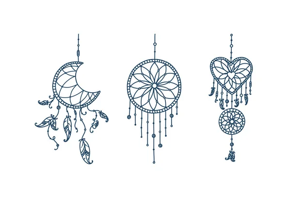 Attrape-rêves Boho avec des plumes et des flèches. Doodle ensemble de capteurs de rêves en forme de croissant de lune, cœur et cercle. Illustration vectorielle — Image vectorielle