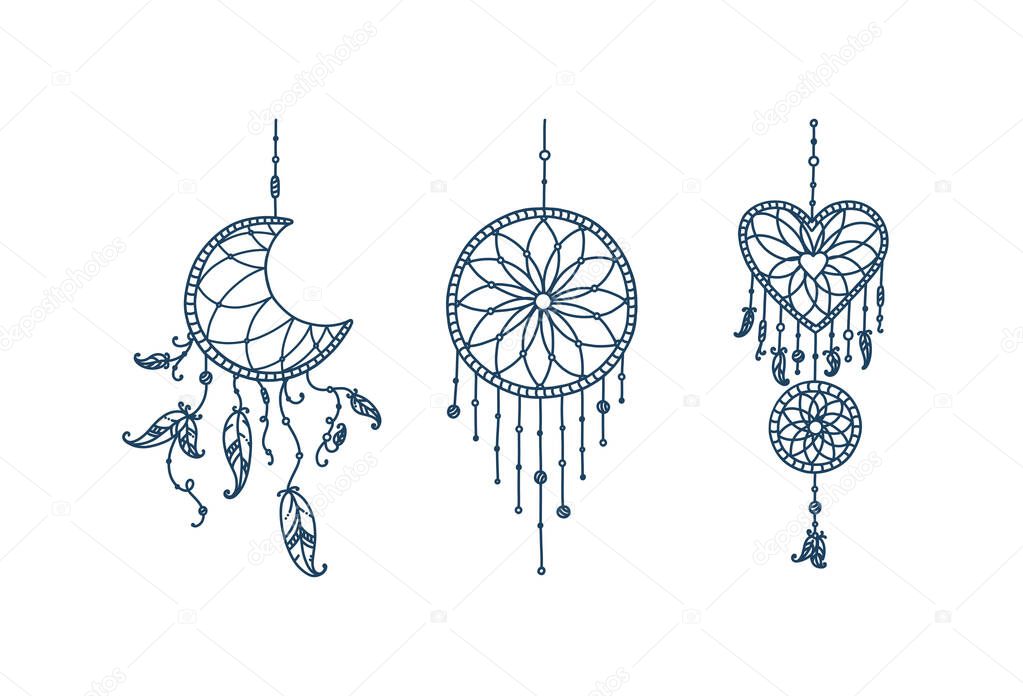 Boho dreamcatchers with feathers and arrow. Doodle set of dreamcatchers in shape of crescent moon, heart and circle. Vector illustration