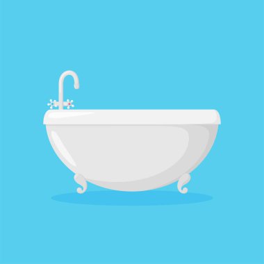 Musluklu banyo için banyo küveti. Mavi arka planda izole edilmiş beyaz elips küvetin yan görüntüsü. Vektör illüstrasyonu