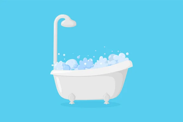 お風呂はお風呂とシャワー付き。泡と泡が青い背景に隔離された足湯。ベクターイラスト — ストックベクタ
