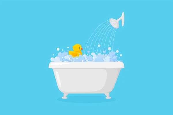 Bathtub with rubber duck with suds and shower. Yellow duck in bubbles and foam isolated in blue background. Vector illustration — Stock Vector