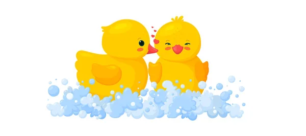 Gumowa kaczka całująca inną kaczkę. Żółte zabawki w pianie. Ilustracja wektora — Wektor stockowy