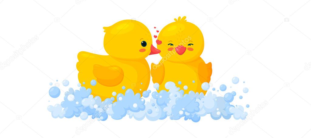 Rubber duck kissing another duck. Yellow toys in foam. Vector illustration