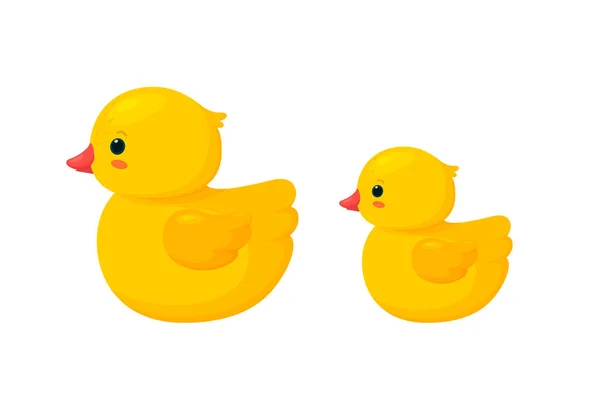 Familia de pato de goma aislado en fondo blanco. Vista lateral de juguetes de pato de plástico amarillo, padre y bebé. Ilustración vectorial — Vector de stock