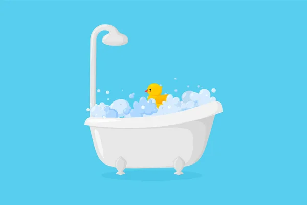 Bathtub with suds and rubber duck and shower. Tub with with bubbles and foam isolated in blue background. Vector illustration — Stock Vector