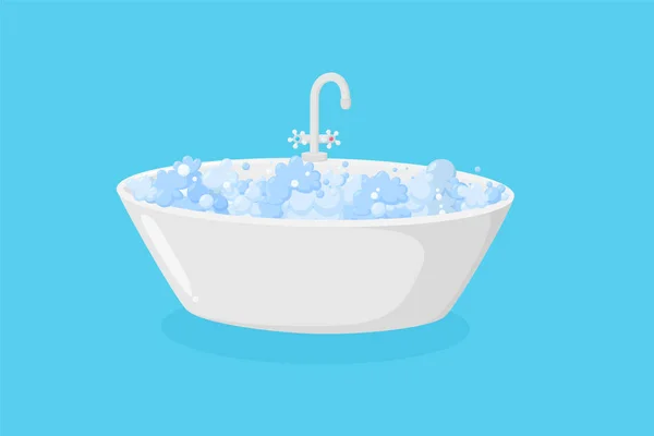 Badewanne mit Schweiß und Wasserhahn. Luxus-Ellipse-Badewanne mit Wasserhahn mit Seifenschaum isoliert in blauem Hintergrund. Vektorillustration — Stockvektor