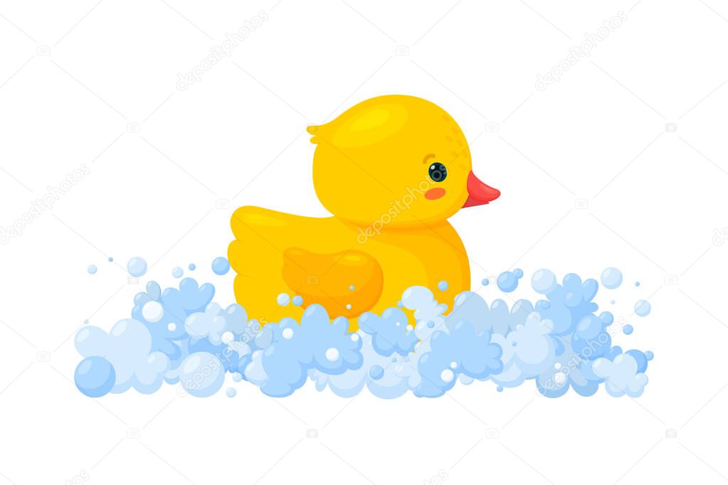 Rubber duck in soap foam with bubbles isolated in white background. Side view of yellow plastic duckling toy in suds. Vector illustration in cartoon style