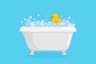 Köpüklü plastik ördekli küvet. Kabarcıklı sarı ördek ve mavi arka planda köpük. Vektör illüstrasyonu