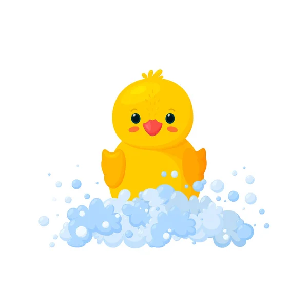 Gummi-Ente in Seifenschaum mit Blasen isoliert in weißem Hintergrund. Vorderansicht eines gelben Plastik-Entlein-Spielzeugs in Suds. Vektorillustration — Stockvektor