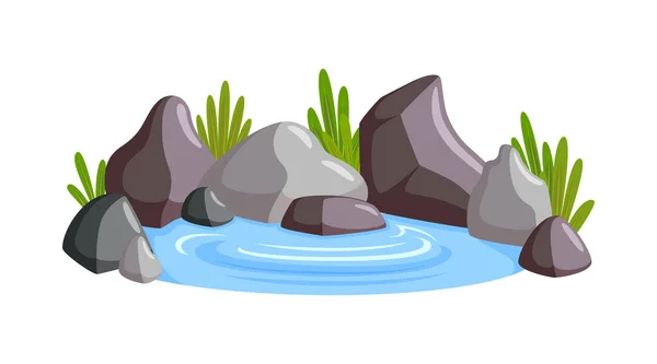 Paleta de agua rodeada de piedras y hierba. Escena natural con paleta de agua dulce. Ilustración vectorial — Vector de stock