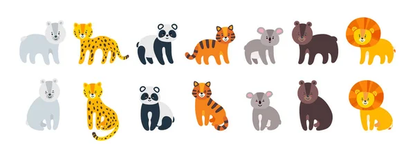 Wilde Amitiden setzen ein. Leopard, Löwe, Tiger, Bär, Panda und Koala isoliert vor weißem Hintergrund. Vektorillustration — Stockvektor