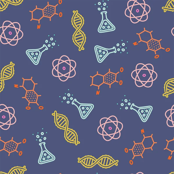 Saumaton kuvio tieteellisillä esineillä. Käsin piirretty DNA-molekyyli, atomi ja muut tieteeseen liittyvät esineet. Vektorin kuvitus doodle-tyyliin — vektorikuva