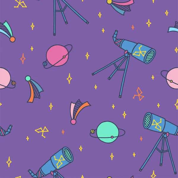 Dodle espacial com telescópio, planetas, lua, estrelas e cometas. Padrão sem costura do espaço exterior. Ilustração vetorial desenhada à mão — Vetor de Stock