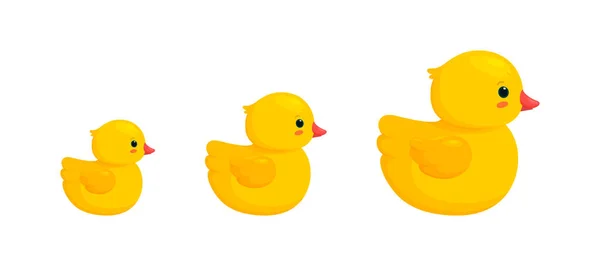 Familia de pato de goma con dos patitos aislados en fondo blanco. Vista lateral de juguetes de plástico amarillo, padres e hijos. Ilustración vectorial — Vector de stock