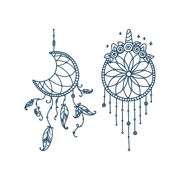 Attrape-rêves Boho avec des plumes et des flèches. Doodle ensemble de capteurs de rêves en forme de croissant de lune, cercle de licorne avec couronne. Illustration vectorielle — Image vectorielle