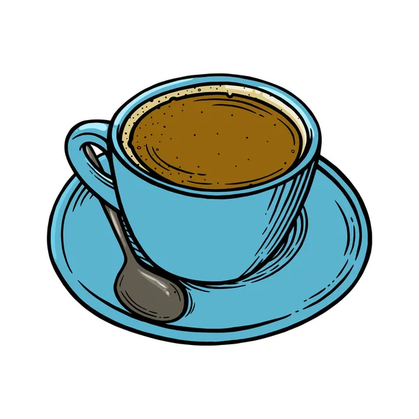 Xícara de café com americano. Xícara, colher e pires para café quente. Ilustração vetorial —  Vetores de Stock