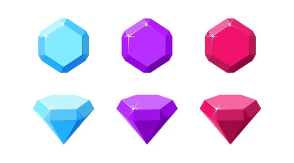 Gemas coloridas hexágono. Rubí, amatista y diamante vista superior y lateral. Ilustración vectorial — Vector de stock