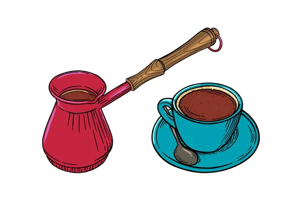 Koffiecup met cappuccino en Turkse pot. Sketch set van koffie mok en pot. Vectorillustratie — Stockvector