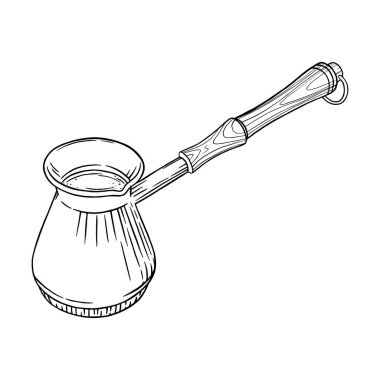 Türk kahvesi eskizi. Beyaz arka planda izole edilmiş Arap kahvesi ile Cezve çaydanlığının yan görüntüsü. Vektör illüstrasyonu