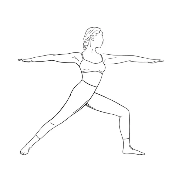 Jóga harcos ászana vagy virabhadrasana I. Egy nő, aki jóga ászanát gyakorol. Vektorillusztráció — Stock Vector