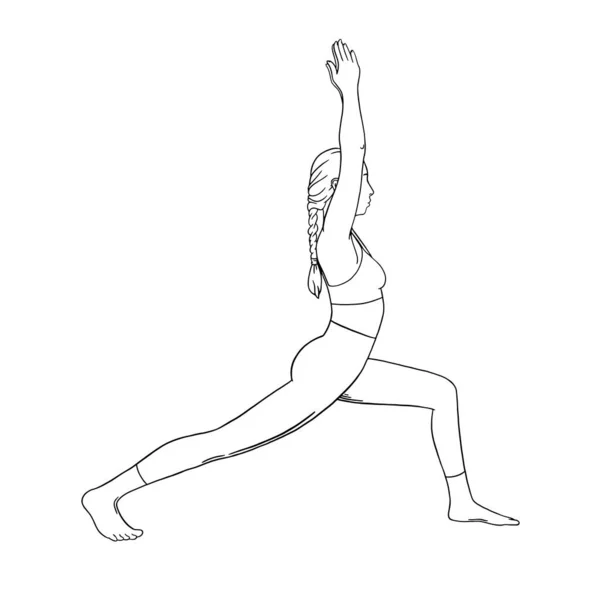 Поза воина йоги или вирабхадрасана II. Тренировка женской йоги для стройного тела. Векторная иллюстрация — стоковый вектор