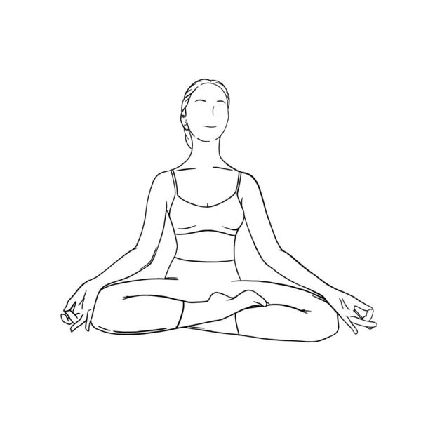 Siddhasana 'da yoga meditasyonu. Bedensel rahatlama ve ruhsal uyum için meditasyon. Vektör illüstrasyonu