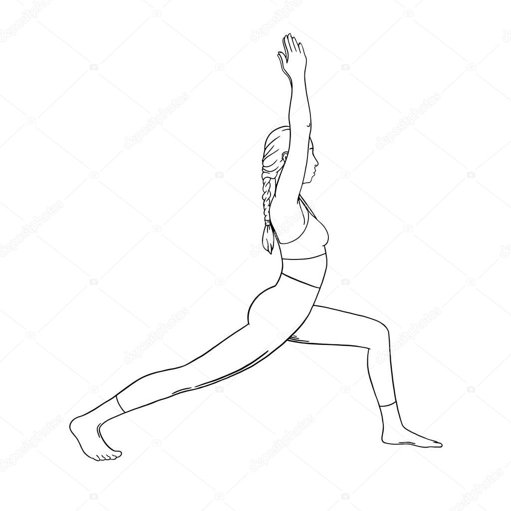 Yoga warrior pose or virabhadrasana II. Woman yoga workout for slim body. Hand drawn sketch vector illustration isolated on white background