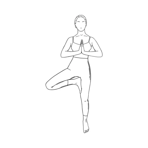 Yoga ağacı pozu veya Vrikshasana. Kadın yoga pozu veriyor. Vektör illüstrasyonu