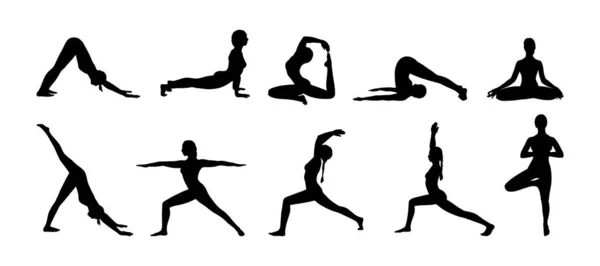 Yoga asana seti. Yoga çizimleri yapan bir grup kadın silueti. Vektör illüstrasyonu