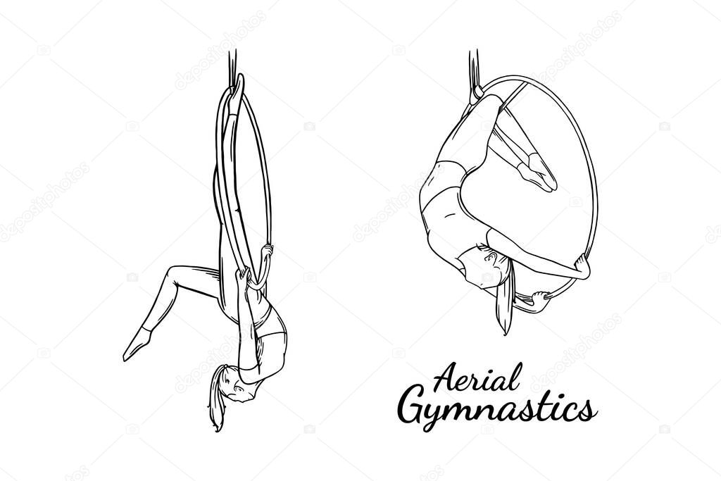 Aerial female gymnast set. Aerial gymnastics strength iproving pose. Engraved vector illustration isolated on white background