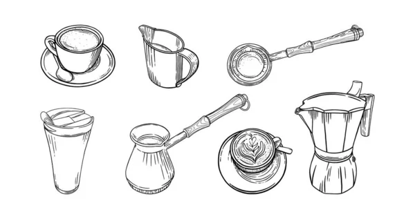 Coffee set wuth cups, pots and creamer. Big set of coffee accessoiries for cappuccino brewing. Vector illustration — Image vectorielle