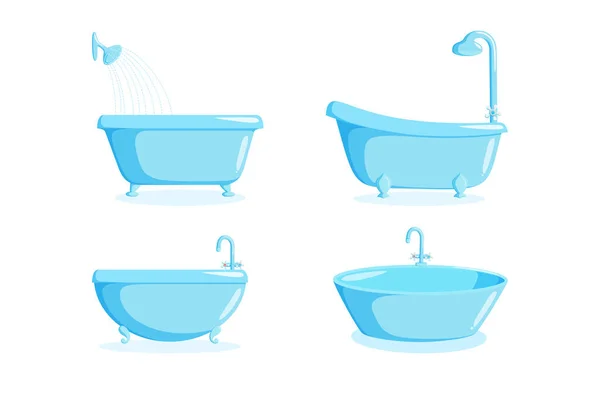 Badewanne mit Wasserhahn und Dusche. Set von verschiedenen Wannen isoliert auf weißem Hintergrund. Vektorillustration — Stockvektor