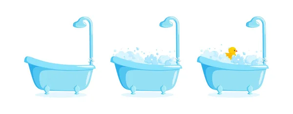 砂やゴム製のアヒルやシャワー付きの浴槽。アヒル、泡と泡で設定された足の浴槽。ベクターイラスト — ストックベクタ