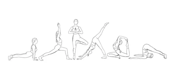 Set de yoga con asanas. Conjunto de mujeres ejercitando ilustraciones de yoga. Ilustración vectorial — Vector de stock