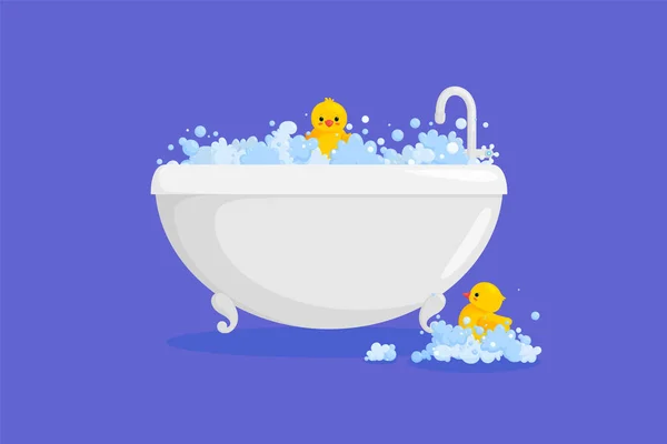 Bañera con pato de goma en suds. Pato amarillo en burbujas y espuma aislada en fondo violeta. Ilustración vectorial — Archivo Imágenes Vectoriales