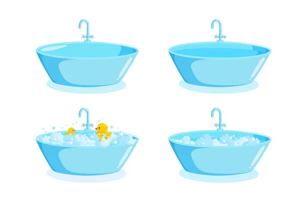 Badewanne mit Wasserhahn, Enten und Schweiß. Ellipse-Wanne mit Wasserhahn mit Seifenschaum. Vektorillustration — Stockvektor