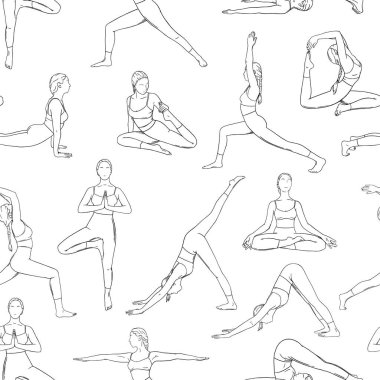 Yoga asanalar pürüzsüz kalıpta. Yoga yapan kadınlar arka plan ve duvar kağıtları için asana tasarımı yapıyorlar. Elle çizilmiş vektör çizimi