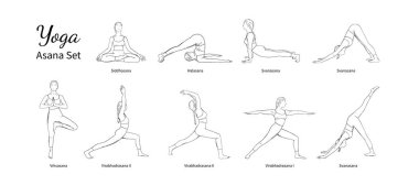Asyalı isimlerle yoga seti. Yoga çizimleri yapan bir grup kadın. Vektör illüstrasyonu