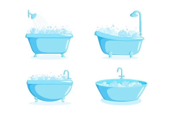 Badewanne mit Wasserhahn und Dusche. Set von verschiedenen Wannen mit Blasen und Schweiß isoliert auf weißem Hintergrund. Vektorillustration — Stockvektor
