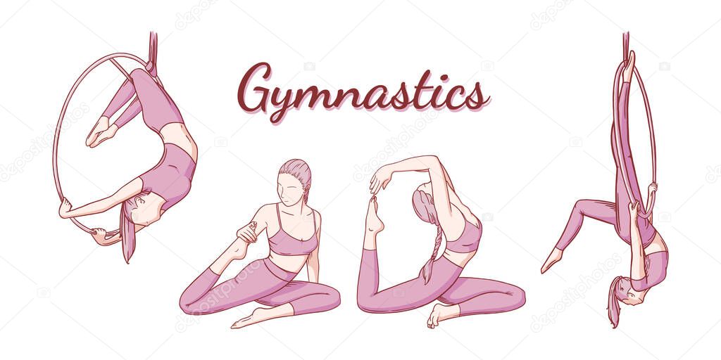 Female gymnast set. Gymnastics strength and flexibility iproving poses. Colored engraved vector illustration