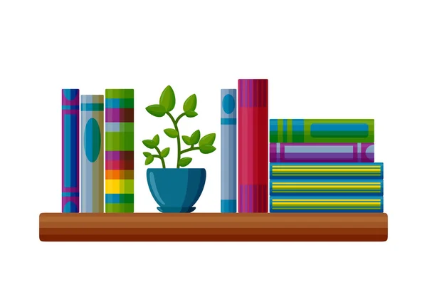 Ράφι με βιβλία και γλάστρες. Βιβλία σε στυλ κινουμένων σχεδίων. Εικονογράφηση διανύσματος — Διανυσματικό Αρχείο