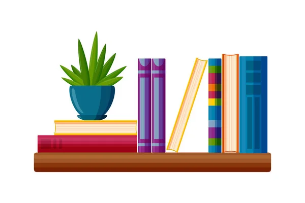 Βιβλιοθήκη με γλασαρισμένο ζουμερό δοχείο. Βιβλία σε στυλ κινουμένων σχεδίων. Εικονογράφηση διανύσματος — Διανυσματικό Αρχείο