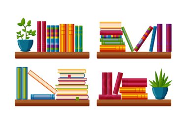 Kitap yığınları ve bitkilerle dolu raflar. Sınıf kitapları koleksiyonu ve karikatür tarzında saksı bitkileri. Vektör illüstrasyonu